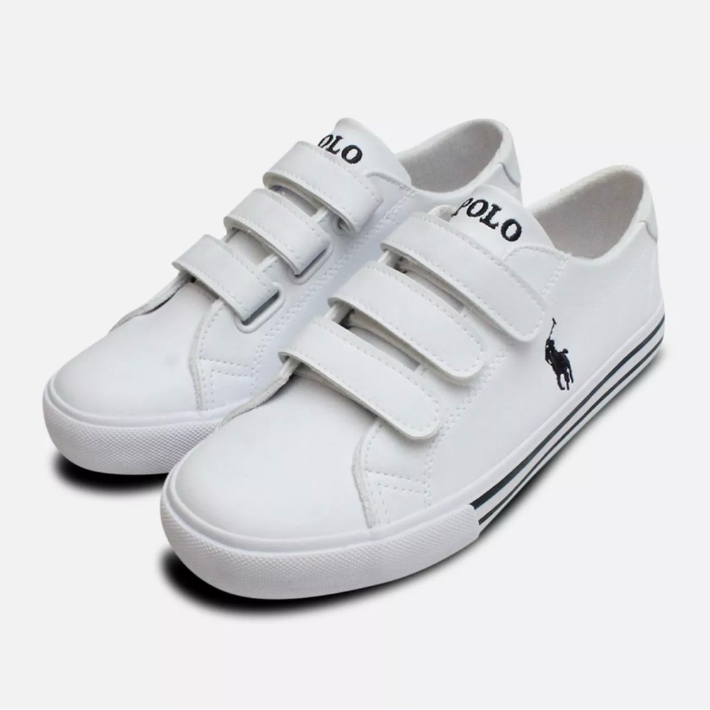Polo by Ralph Lauren Child Kids White Canvas Sneakers w/ Velcro Boys Shoes 1.5